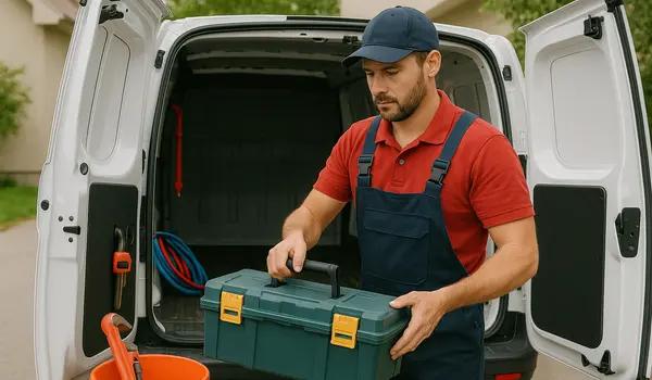 a plumbing technician putting his toolbox back in his van from Plumber Georgetown in Georgetown, TX - Emergency Plumbing Services a plumbing technician putting his toolbox back in his van from Plumber Georgetown in Georgetown, TX - Emergency Plumbing Services