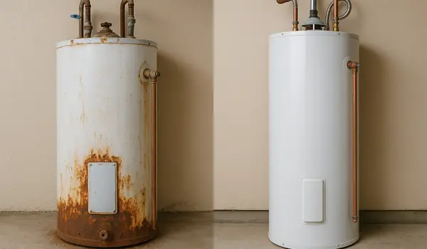 a rusted water heater next to a brand new water heater from Plumber Georgetown in Georgetown, TX - Garbage Disposal Replacement