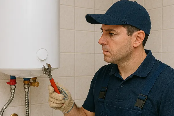 a male plumber working on a water heater mounted on the wall from Plumber Georgetown in Georgetown, TX - Garbage Disposal Replacement