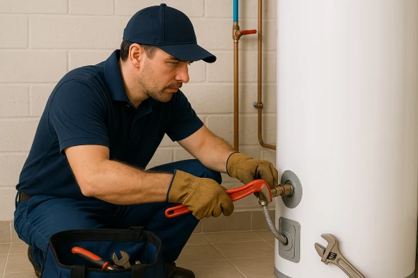 a male plumber working on a water heater connection from Plumber Georgetown in Georgetown, TX - Garbage Disposal Replacement