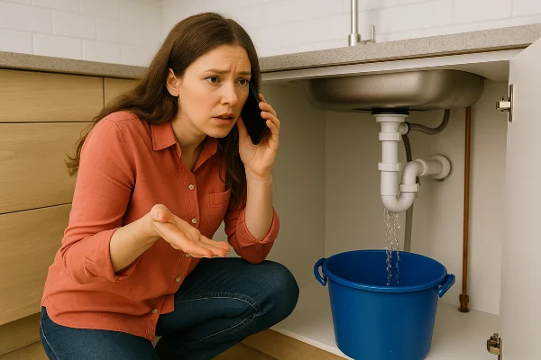 a woman on the phone about a water leak underneath her kitchen sink from Plumber Georgetown in Pflugerville, TX - Pflugerville TX a woman on the phone about a water leak underneath her kitchen sink from Plumber Georgetown in Pflugerville, TX - Pflugerville TX