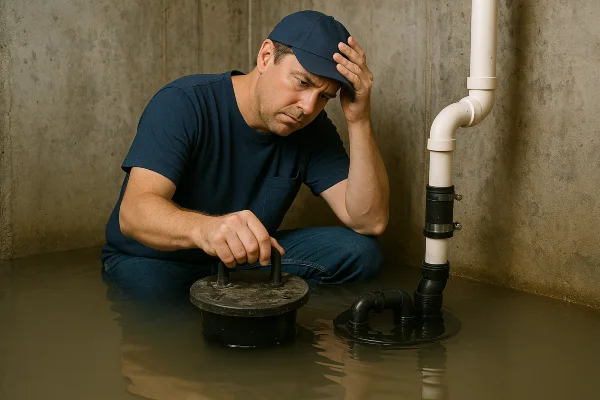 a worried plumber in a flooded room from Plumber Georgetown in Georgetown, TX - Toilet Replacement a worried plumber in a flooded room from Plumber Georgetown in Georgetown, TX - Toilet Replacement