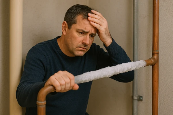 a worried plumber looking at a frozen pipe from Plumber Georgetown in Georgetown, TX - Water Heater Installation a worried plumber looking at a frozen pipe from Plumber Georgetown in Georgetown, TX - Water Heater Installation